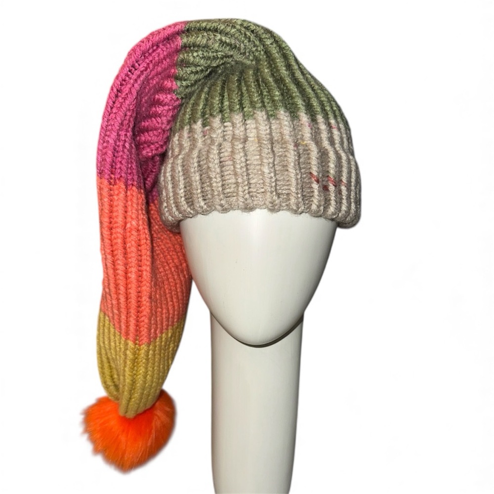 Striped Colourblock Knit Extra Long Toque with Pom Pom